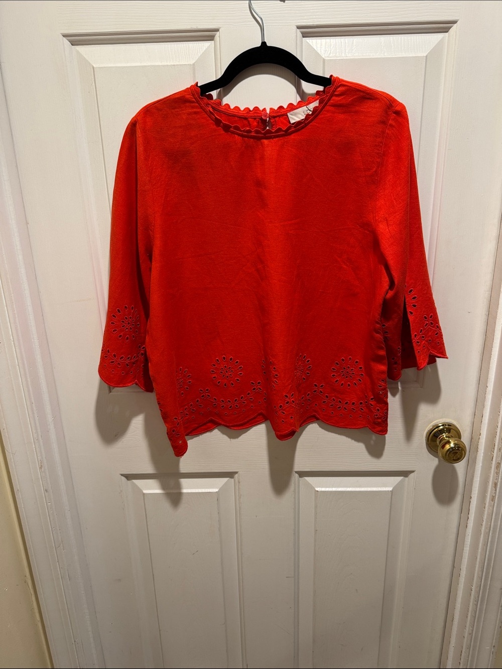LOFT Bright Red Eyelet Hem 3/4 Sleeve Top